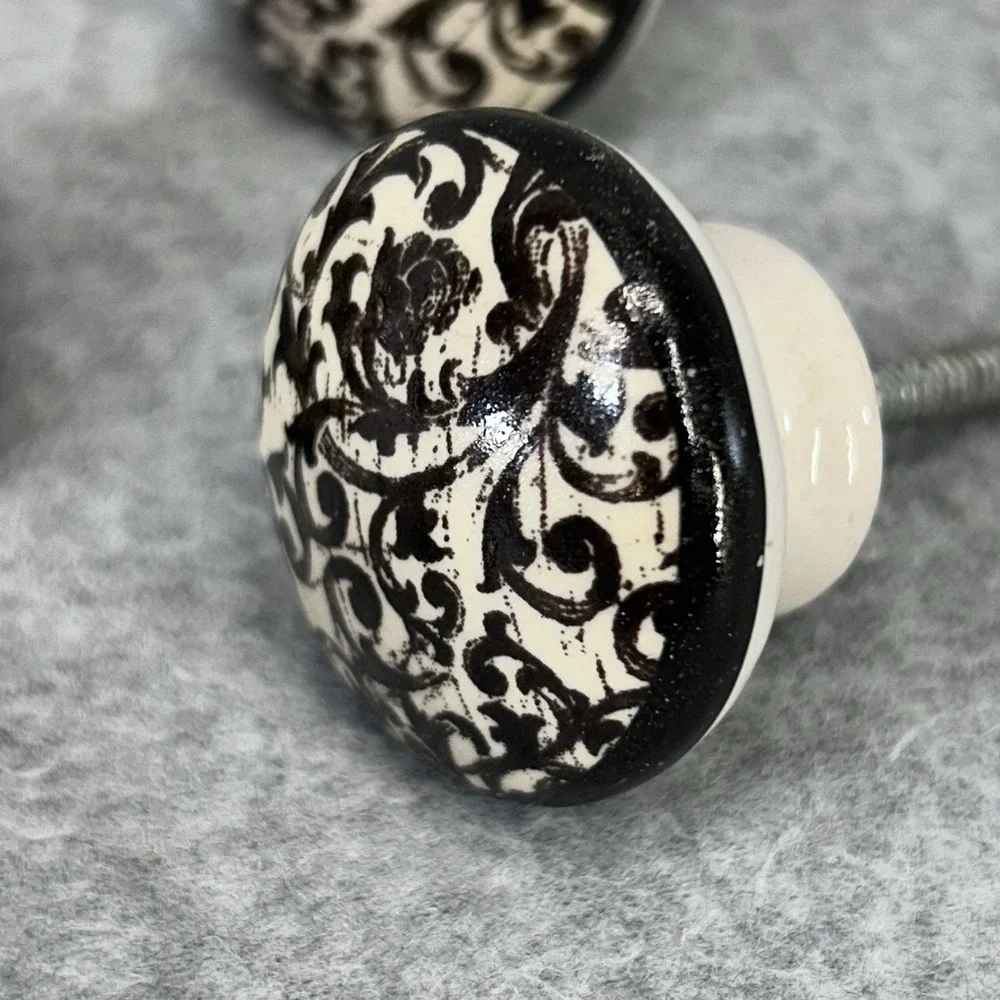 Vtg Porcelain Drawer Pulls floral damask, scroll Cabinet Knobs Lot 6 vine